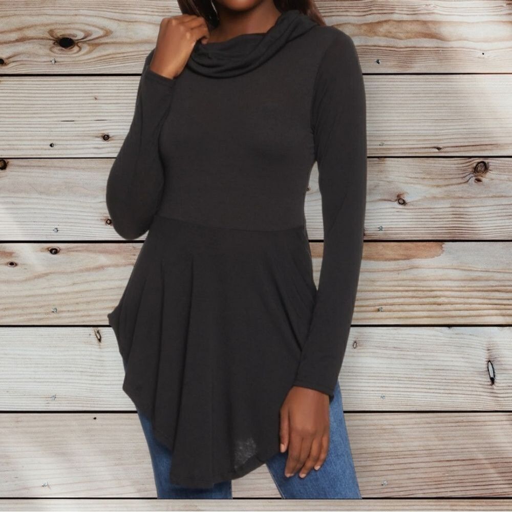 Black Cowl Neck Thin Sweater Plus Size Peplum Long Sleeve V Cut - Picture 5 of 6